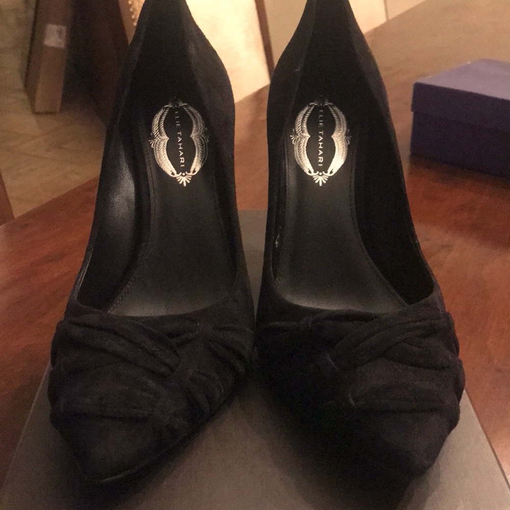 Gorgeous and dressy patterned black suede pumps